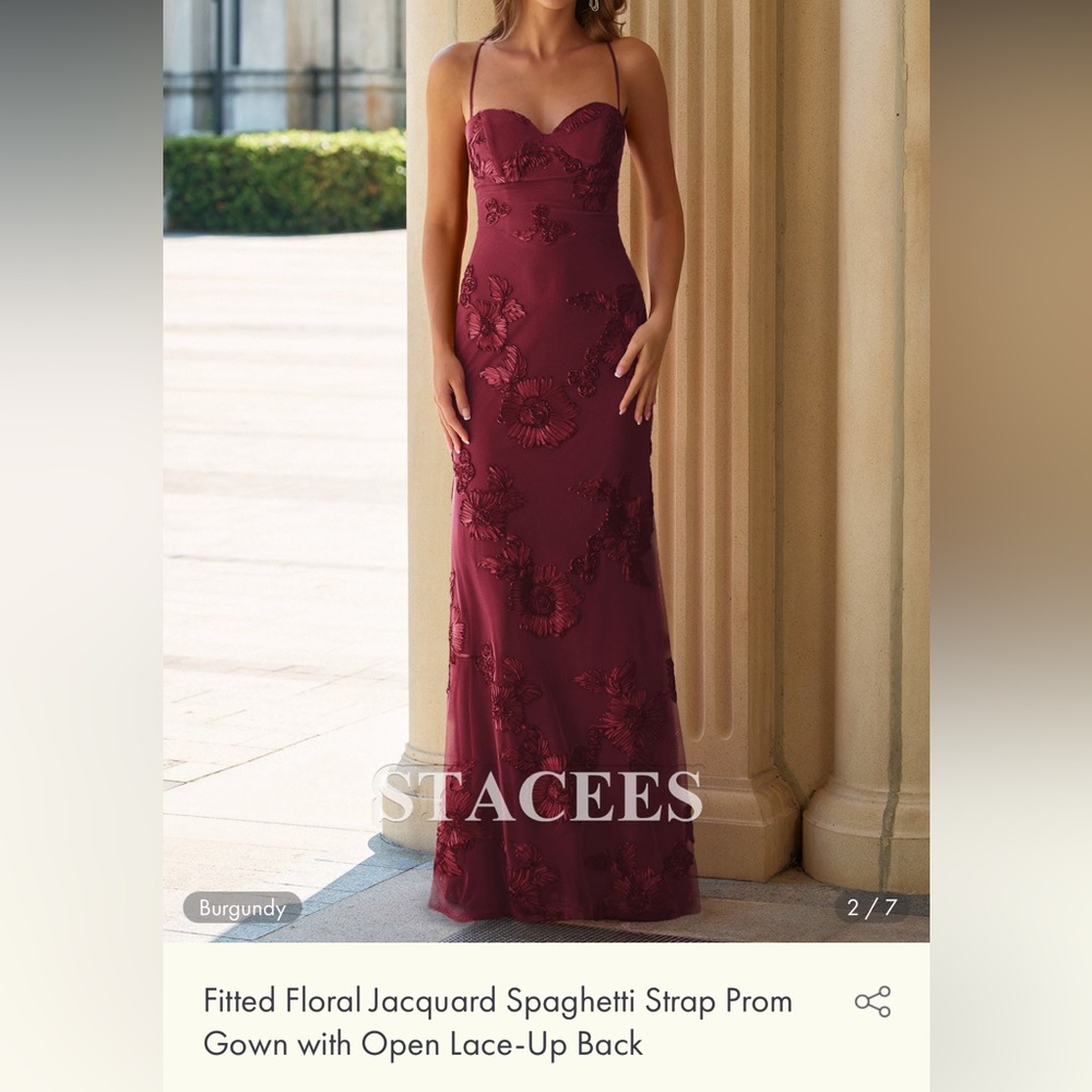 Stacees Burgundy Floral prom dress